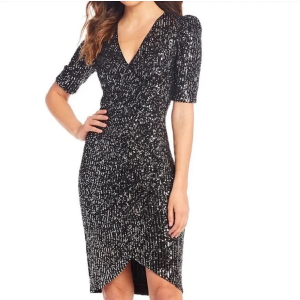 Calvin Klein Black Silver Sequin Wrap Party Evening Dress